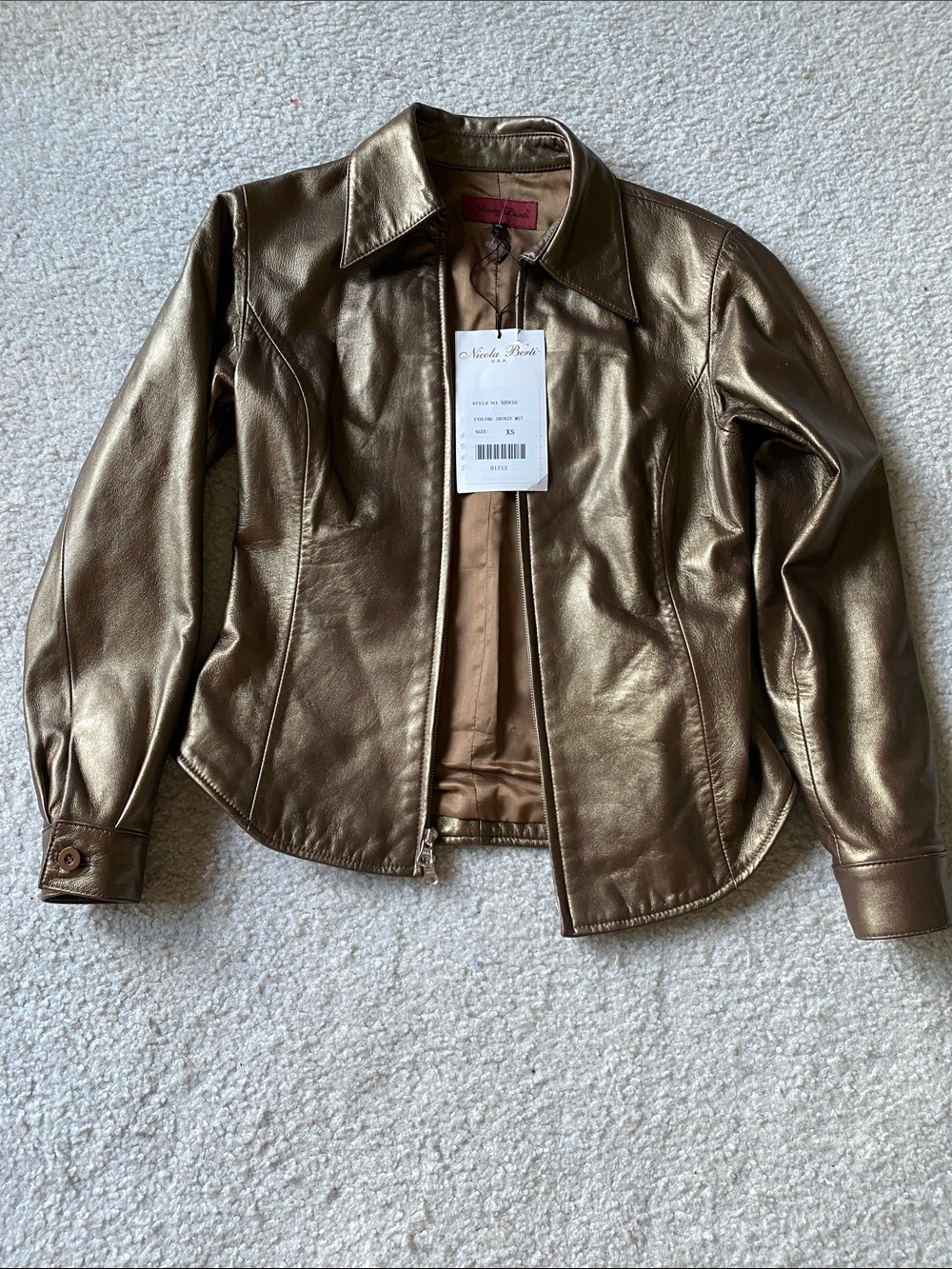 Metallic bronze leather jacket by Nicola Berti, size XS, NWT